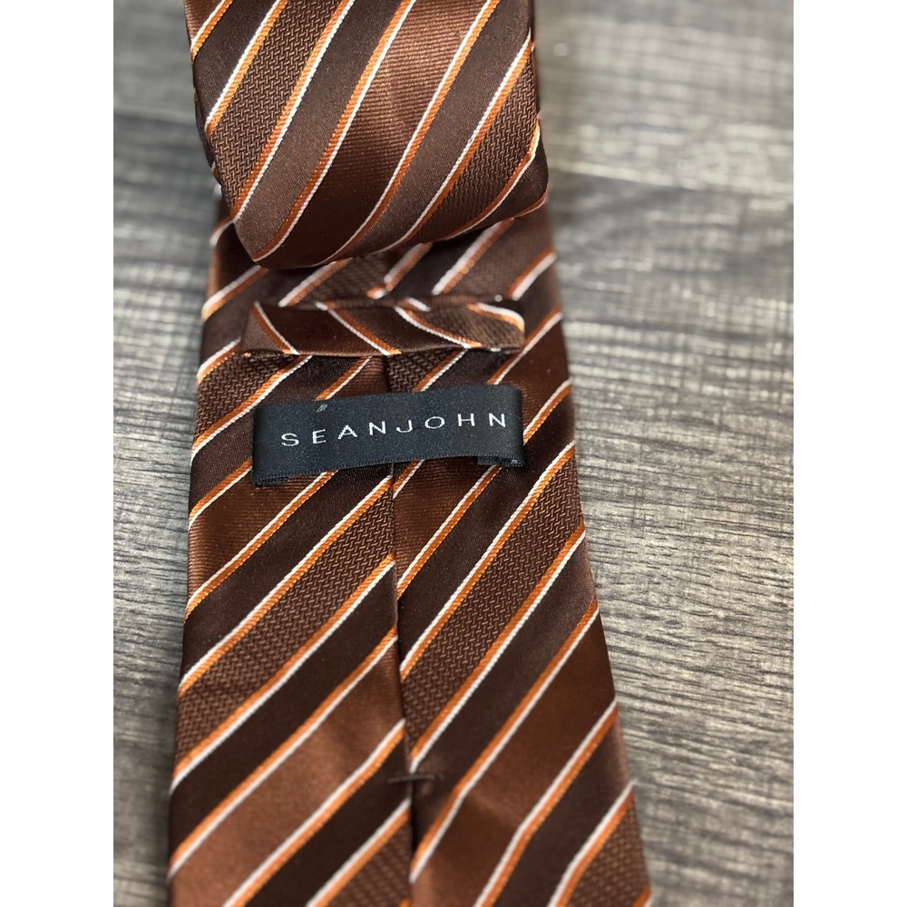 Sean‎ John Mens Necktie Brown Copper White Diagonal Striped Silk Blend Tie